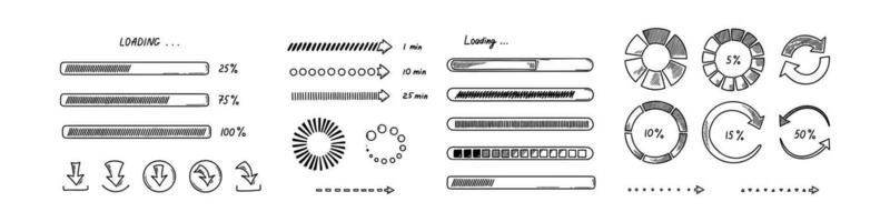 garabatear cargando bar, círculos, iconos mano dibujado conjunto de gráfico, solicitud, ui diseño elementos. bosquejo Progreso estado, subir velocidad, batería cargar vector