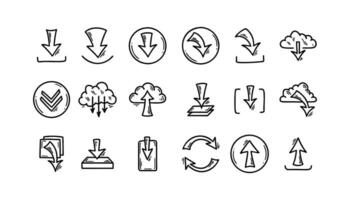 Download and upload file doodle icons set. Hand drawn sketch interface buttons. Cloud data server technology. Digital storage arrow pictogram vector