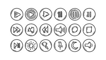 Doodle media and video interface circle buttons. Set of hand drawn sketch control icons. Lap top keyboard. Play, pause, stop, forward, rewind keys. Vector illustration