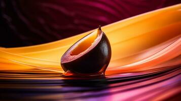 Photo of Vanilla fruit half against a colorful abstract background. Generative AI