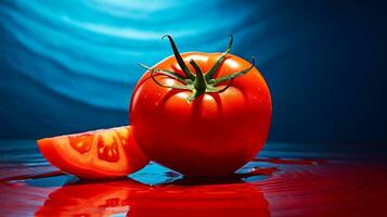 foto de tomate Fruta medio en contra un vistoso resumen antecedentes. generativo ai