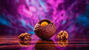 Photo of Walnut fruit half against a colorful abstract background. Generative AI