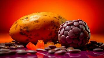 Photo of Yam bean fruit half against a colorful abstract background. Generative AI