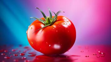 Photo of Tomato fruit half against a colorful abstract background. Generative AI