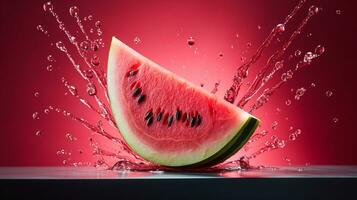 Photo of Watermelon fruit half against a colorful abstract background. Generative AI