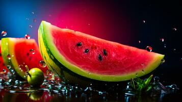 Photo of Watermelon fruit half against a colorful abstract background. Generative AI