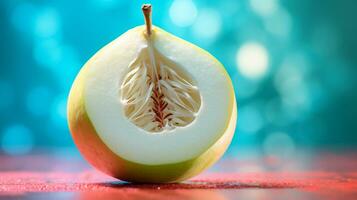 Photo of White sapote fruit half against a colorful abstract background. Generative AI