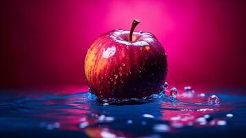 foto de agua manzana Fruta medio en contra un vistoso resumen antecedentes. generativo ai