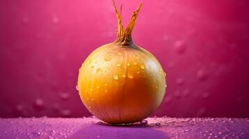 Photo of Turnip fruit half against a colorful abstract background. Generative AI