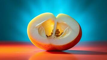 Photo of White sapote fruit half against a colorful abstract background. Generative AI