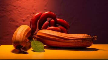 Photo of Tamarind fruit half against a colorful abstract background. Generative AI