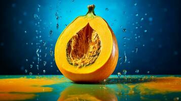 Photo of Squash fruit half against a colorful abstract background. Generative AI