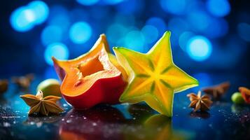 Photo of Starfruit half against a colorful abstract background. Generative AI