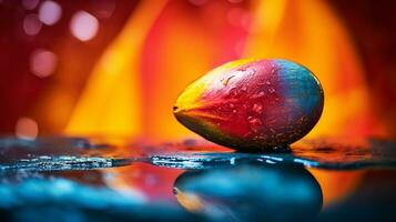 Photo of Saipan mango fruit half against a colorful abstract background. Generative AI