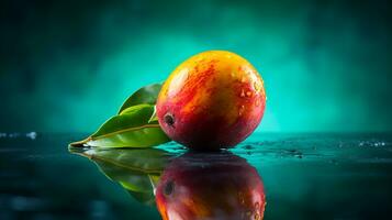 Photo of Saipan mango fruit half against a colorful abstract background. Generative AI