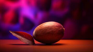 Photo of Sapodilla fruit half against a colorful abstract background. Generative AI