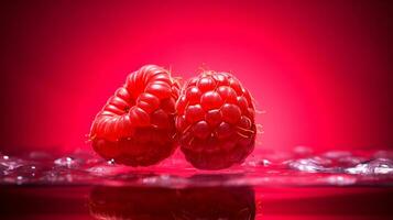 foto de rojo frambuesa Fruta medio en contra un vistoso resumen antecedentes. generativo ai
