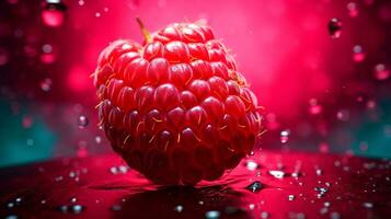 Photo of Red raspberry fruit half against a colorful abstract background. Generative AI