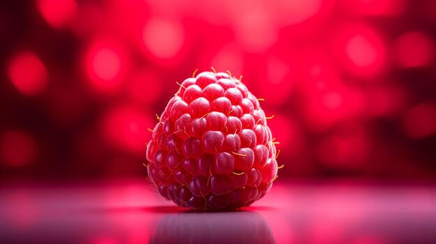 Photo of Red raspberry fruit half against a colorful abstract background. Generative AI