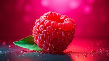 Photo of Red raspberry fruit half against a colorful abstract background. Generative AI