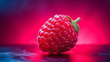 Photo of Red raspberry fruit half against a colorful abstract background. Generative AI