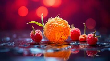 Photo of Salmonberry fruit half against a colorful abstract background. Generative AI