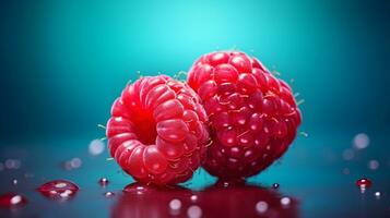 Photo of Red raspberry fruit half against a colorful abstract background. Generative AI