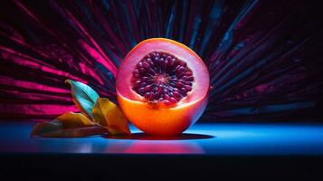Photo of Rumbia fruit half against a colorful abstract background. Generative AI