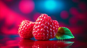 Photo of Raspberry fruit half against a colorful abstract background. Generative AI