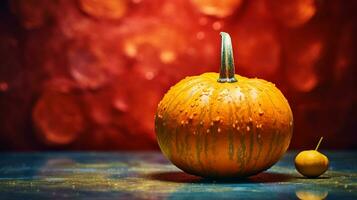 Photo of Pumpkin fruit half against a colorful abstract background. Generative AI