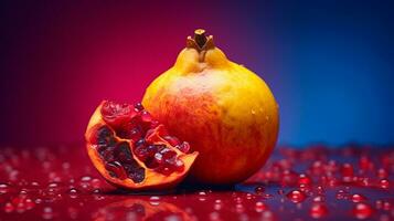 Photo of Quince fruit half against a colorful abstract background. Generative AI