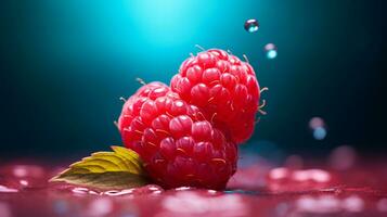 Photo of Raspberry fruit half against a colorful abstract background. Generative AI