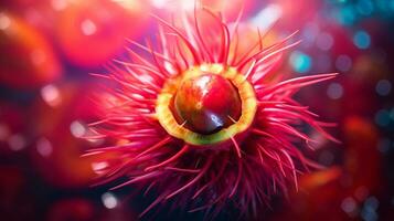 Photo of Rambutan fruit half against a colorful abstract background. Generative AI