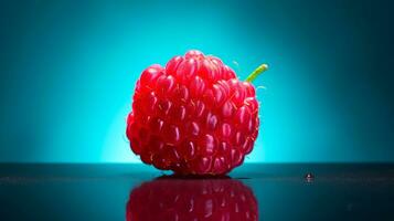 Photo of Raspberry fruit half against a colorful abstract background. Generative AI