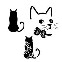 Silhouette Cat With Floral And Butterfly Element Vector Illustration  Isolated On White Background