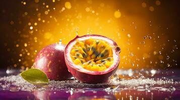 Photo of Passion fruit half against a colorful abstract background. Generative AI