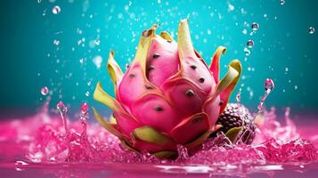 Photo of Pitaya fruit half against a colorful abstract background. Generative AI