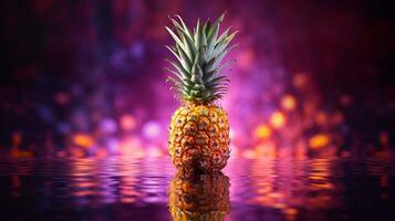 Photo of Pineapple fruit half against a colorful abstract background. Generative AI