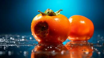 Photo of Persimmon fruit half against a colorful abstract background. Generative AI