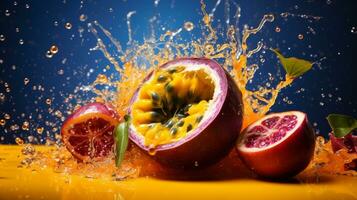 Photo of Passion fruit half against a colorful abstract background. Generative AI