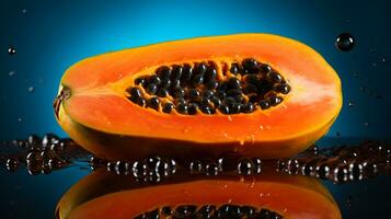 foto de papaya Fruta medio en contra un vistoso resumen antecedentes. generativo ai