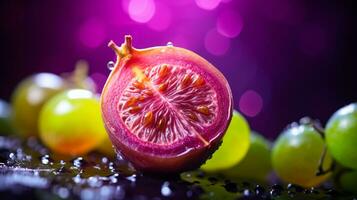 Photo of Otaheite gooseberry fruit half against a colorful abstract background. Generative AI