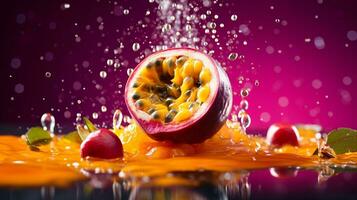 Photo of Passion fruit half against a colorful abstract background. Generative AI
