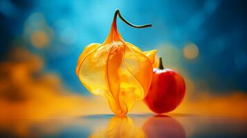 Photo of Physalis fruit half against a colorful abstract background. Generative AI