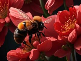 Crimson blossom, a bee Background. Generative Ai photo