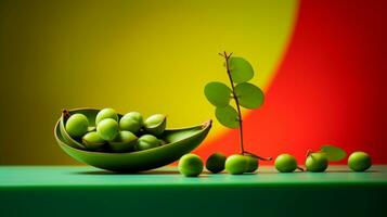 Photo of Moringa fruit half against a colorful abstract background. Generative AI