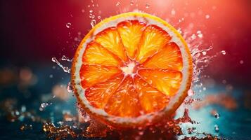 Photo of Orange fruit half against a colorful abstract background. Generative AI