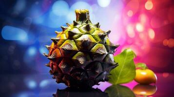 Photo of Noni fruit half against a colorful abstract background. Generative AI
