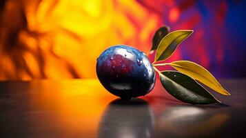 Photo of Olive fruit half against a colorful abstract background. Generative AI