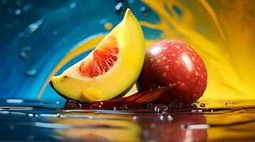 Photo of Matoa fruit half against a colorful abstract background. Generative AI